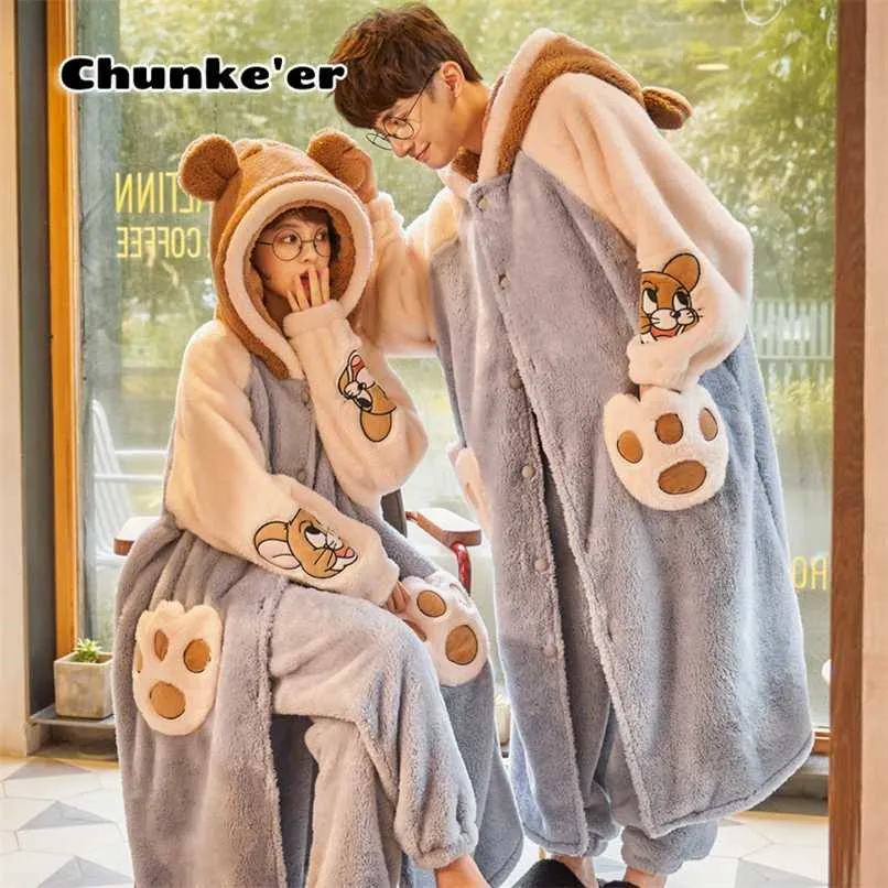 Couple Pajamas Women Autumn And Winter Coral Velvet Men's Thickened Plush Long Nightgown Flannel Warm Bathrobe Set pajama set 211112