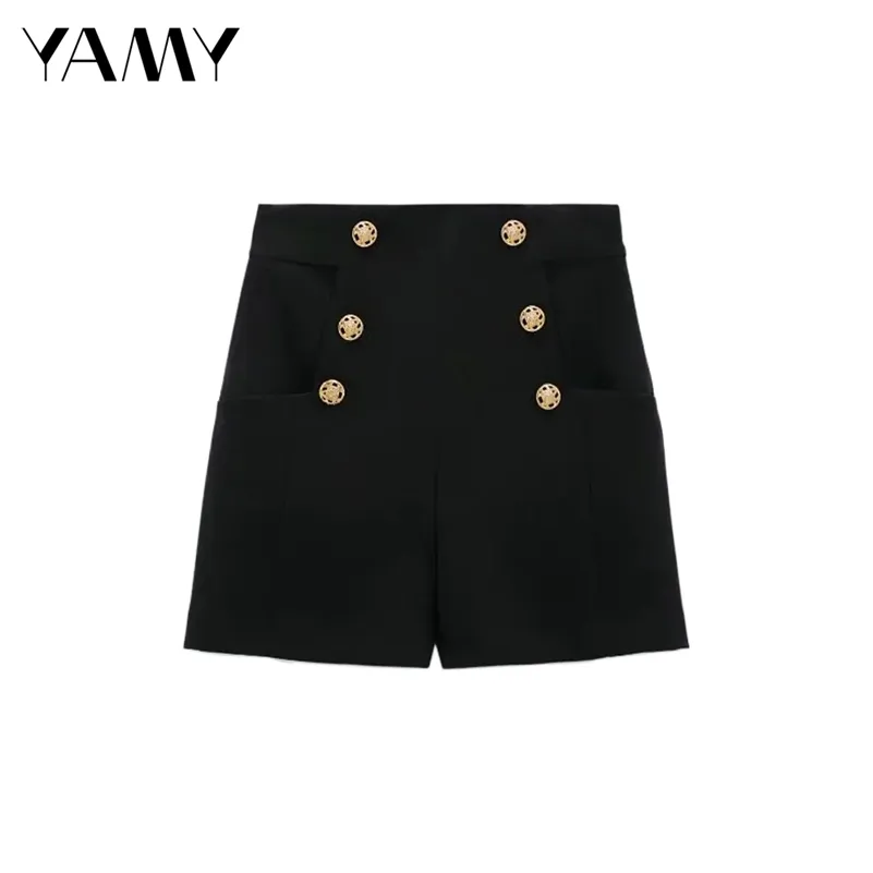 Autumn Winter England Style Casual Short Pants Za Fashion High Waist Solid Black Women Shorts with Decorative Metal Buttons 210625
