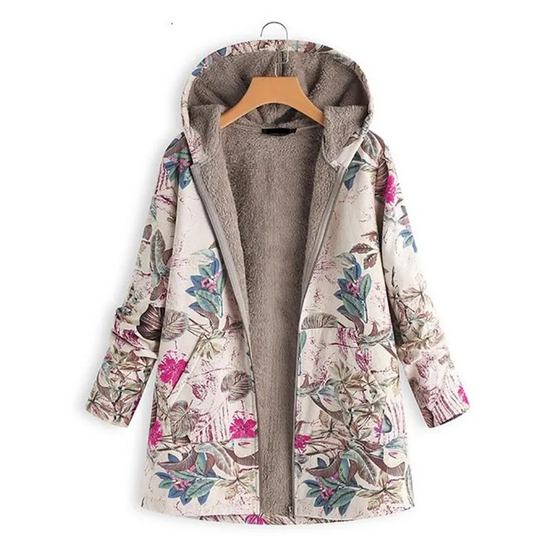 Woman Parkas Winter Warm Down Jacket Flower Print Hooded Coat Vintage Oversized Outerwear Loose Fleeces Lining Buttoned Parka 210923