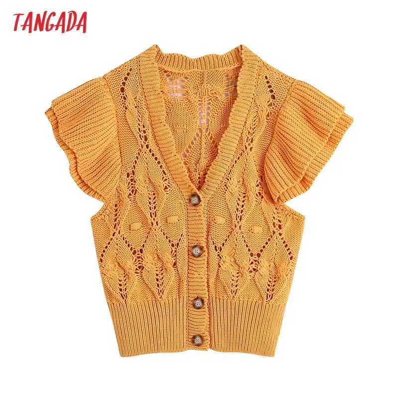 Tangada vrouwen vintage oranje twist oversized gebreide vest coltrui trui ruches mouw vrouwelijke vest topbe576 210609