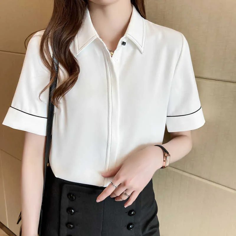 Summer Korean Fashion Chiffon Woman Shirts Office Lady Short Sleeve Buttoned Shirt Plus Size XXL White Ladies Tops Blouse 210531