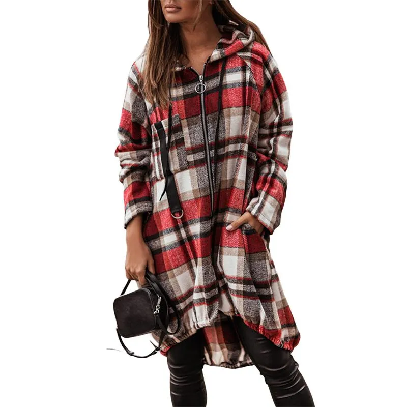 Women's Jackets Plaid Hoodie Jacket For Women Long Sleeve Casual Hooded Zip Up Oversized Sweatshirt Blouse Tops