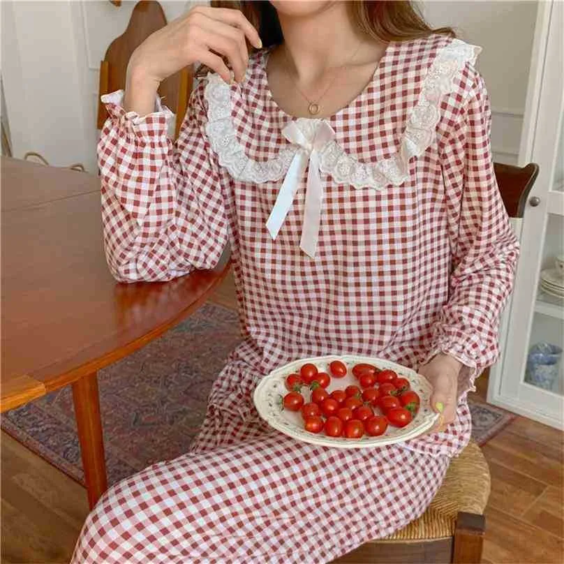 Sweet Soft Loose All Match Sleepwear Princess Plaid HomeWear Casual Geometric Femme Pyjamas sätter 210525