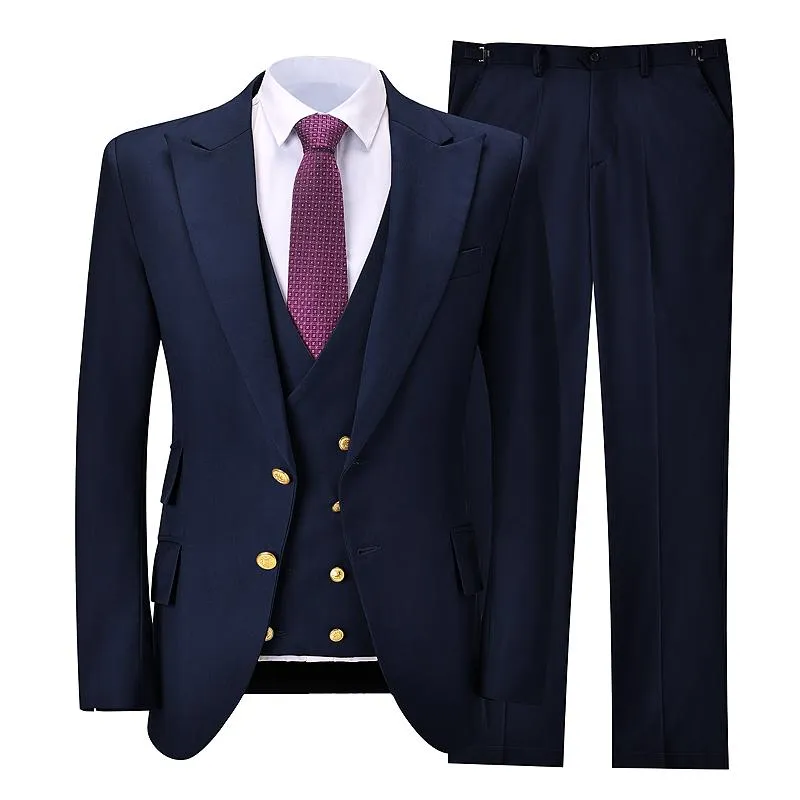 Ternos masculinos Brazers Marinho Azul Azul Homens 3 Peças de Ouro Botões Pico de Lapela Noivo Tuxedos Casamento para Roupas de Negócios (Blazer + Colete + Calças)