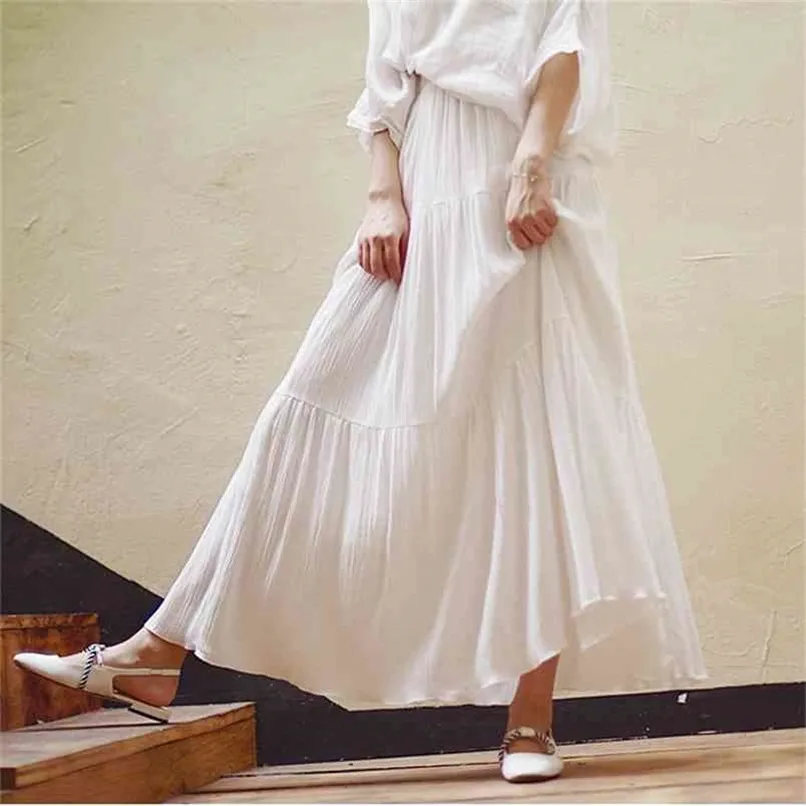 Estate Donna Gonna lunga bianca Vita alta Cotone elasticizzato e lino s Saia A-Line Faldas Jupe Femme 210619