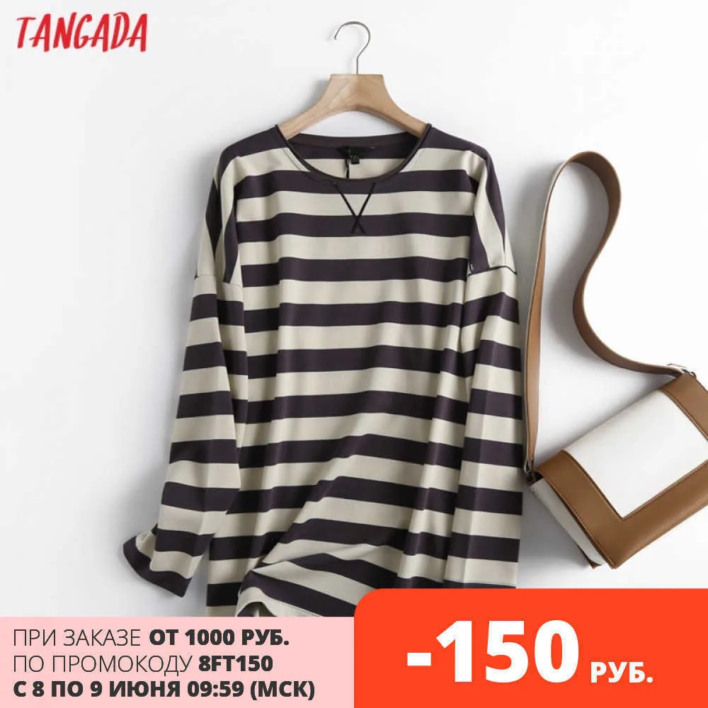 Tangada 여성 고품질 스트라이프 인쇄 스웨터 오버 사이즈 긴 소매 O 넥 느슨한 풀오버 여성 탑스 6D42 210609