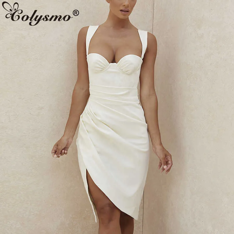 Colysmo Summer Party Dress Donna Bianco Sexy Scollo a cuore Senza maniche aderente Side Split Increspato Elegante Midi 210527