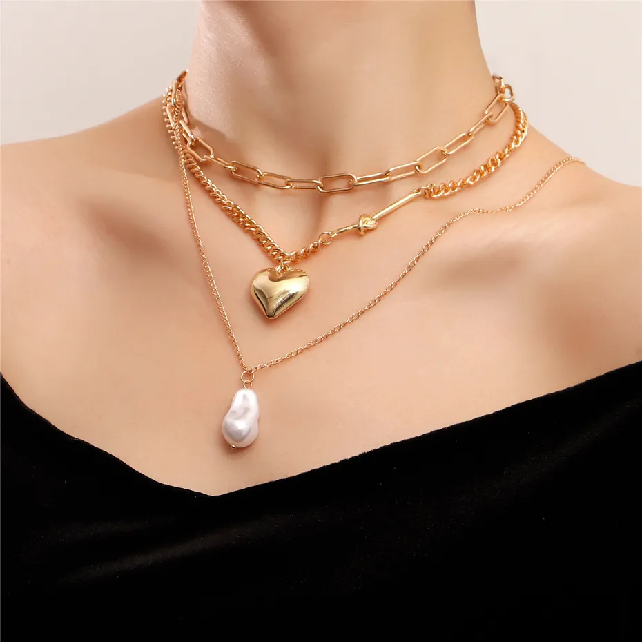 Multilayer Big Heart Pendant Choker Necklace for Women Girls Elegant Imitation Pearl Clavicle Chain Wedding Jewelry New