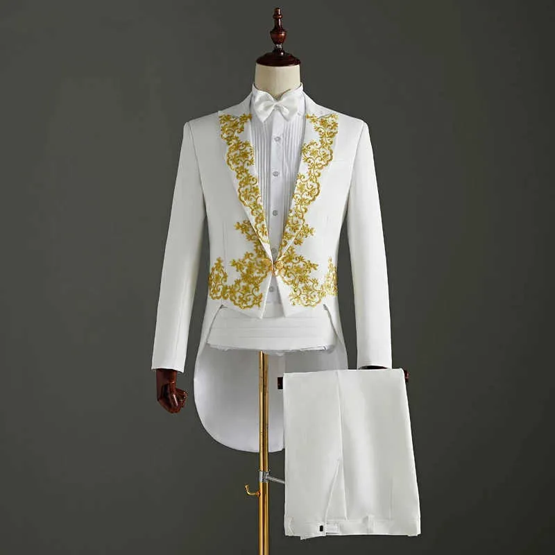 (Jacket+Pants) 2 Piece Wedding Suit White Embroidery Tailcoat Set Singer Host Swallowtail Costumes Magician Chorus Stage Suits X0909