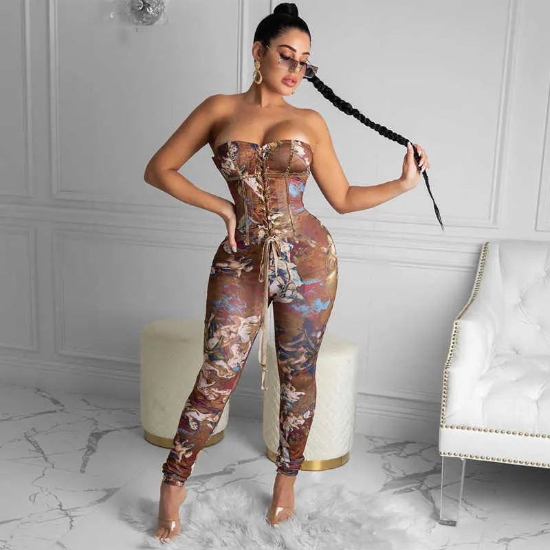 oem 빈티지 인쇄 strapless 코르셋 jumpsuit 여성 어깨 붕대 섹시한 rompers womens jumpsuit 210604