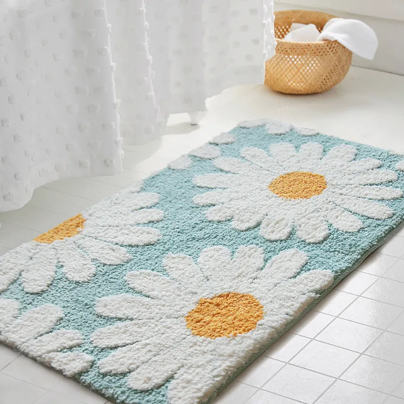 Daisy Bathroom Mat Nordic Pluffy Carpet Area Tapijt Badkamer Vloer Bloemen Absorberend Anti Slip Pad Bathmat Deurmat Home Decor 210301