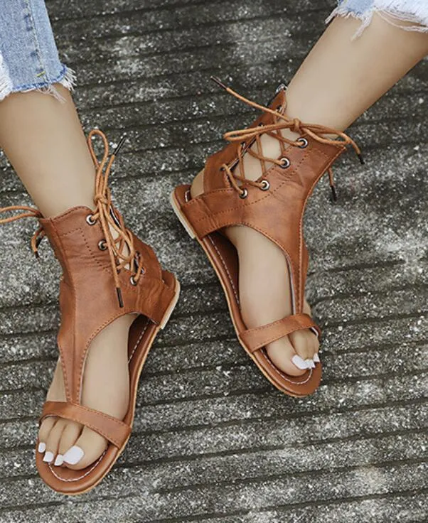 2024 Sommar Nya kvinnor Sandaler Fashion Trend Plus Size Strap Lace-Up Sandals Women's Beach Flat Casual Shoes Vintage Böhmen Shoes