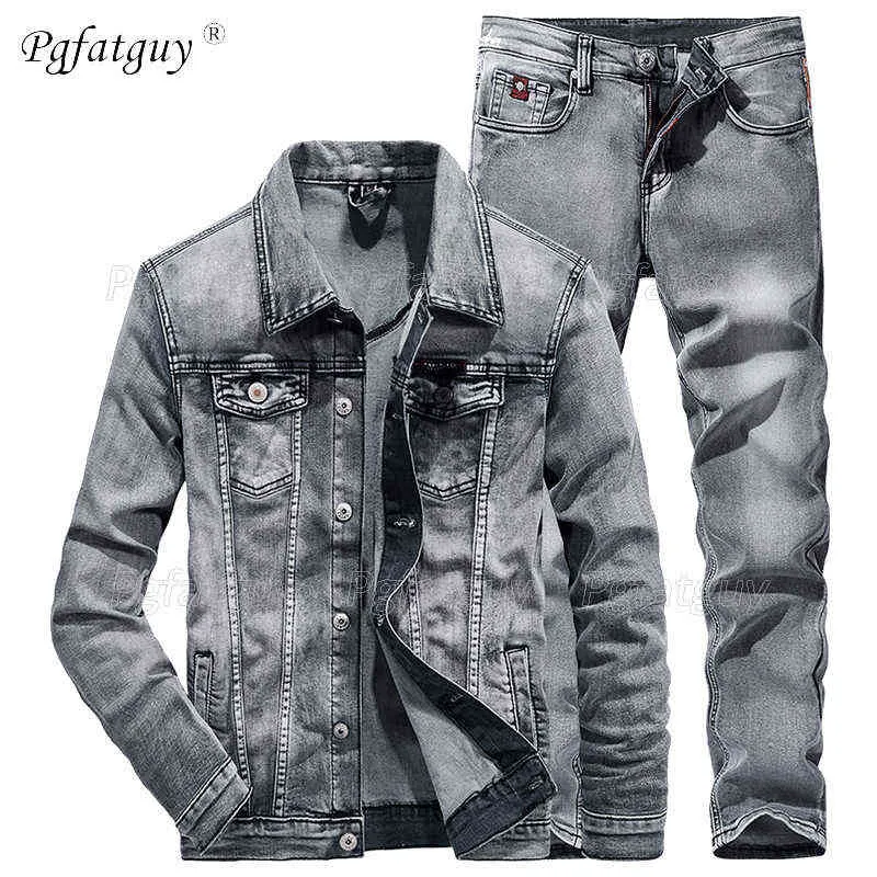 Mężczyźni 2 sztuki Zestawy 2021 Nowy Prosty Spring Smoky Grey Długim Rękawem Kurtka + Jeans Moda Slim Para Denim Garnitur Ropa Hombre G1217