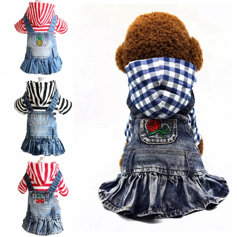 Denim Dogs Dress Shirt Dog Apparel Soft Breathable Striped Cotton Hoodies Birthday Puppy Pet Cat Dresses for Small Medium Doggy Girl Clothes Blue 9 Color wholesale