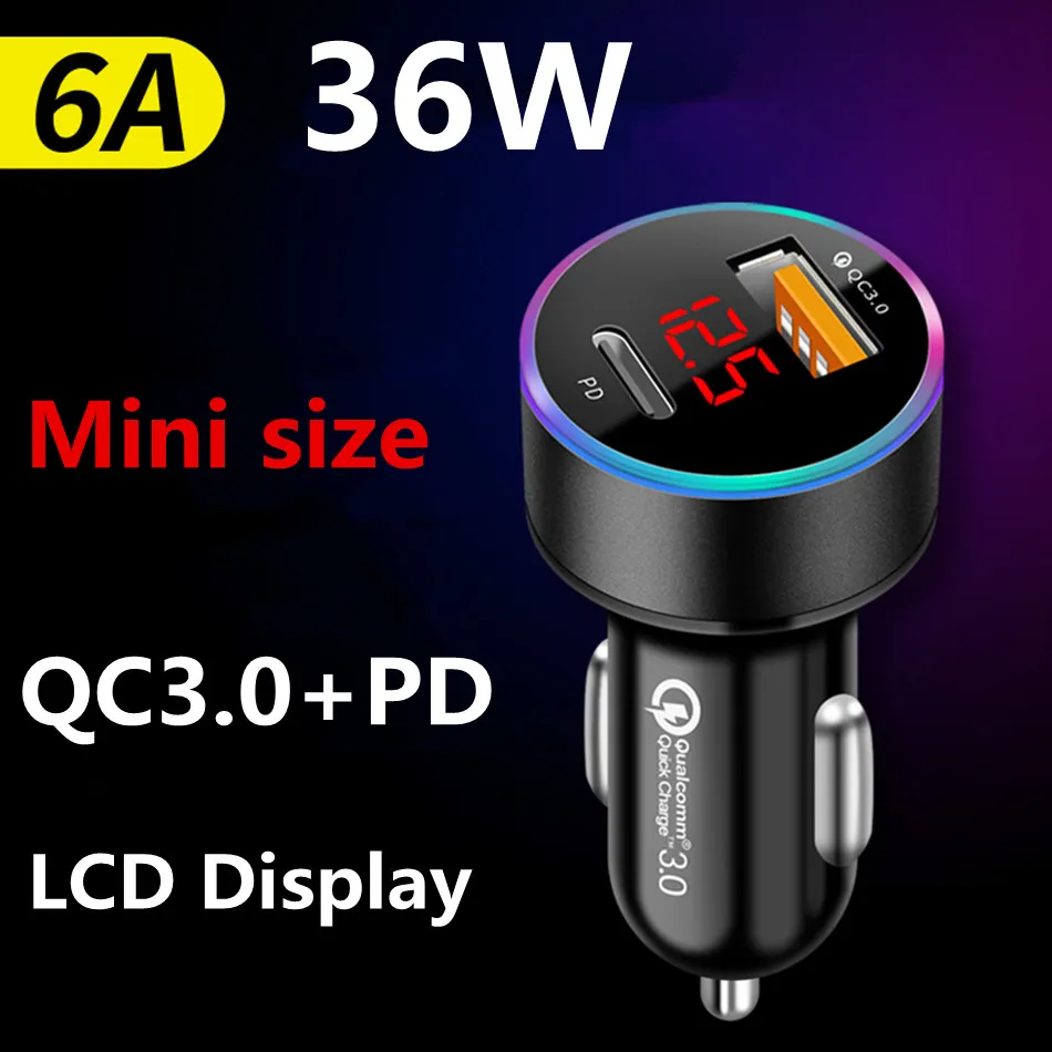 PD QC3.0 Mini Portable Car Charger Fast Charging 80% with USB and Type C Port for iPhone Huawei Xiaomi Samsung Mobile Phone
