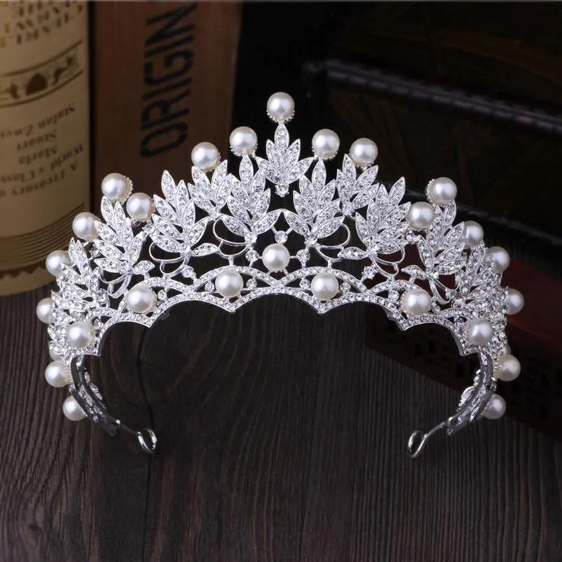 Hårklipp Barrettes Vintage Silver Pearl Rhinestone Queen Princess Diadem Bride Tiara och Crown Hairband Bridal Bröllop Smycken Accessori
