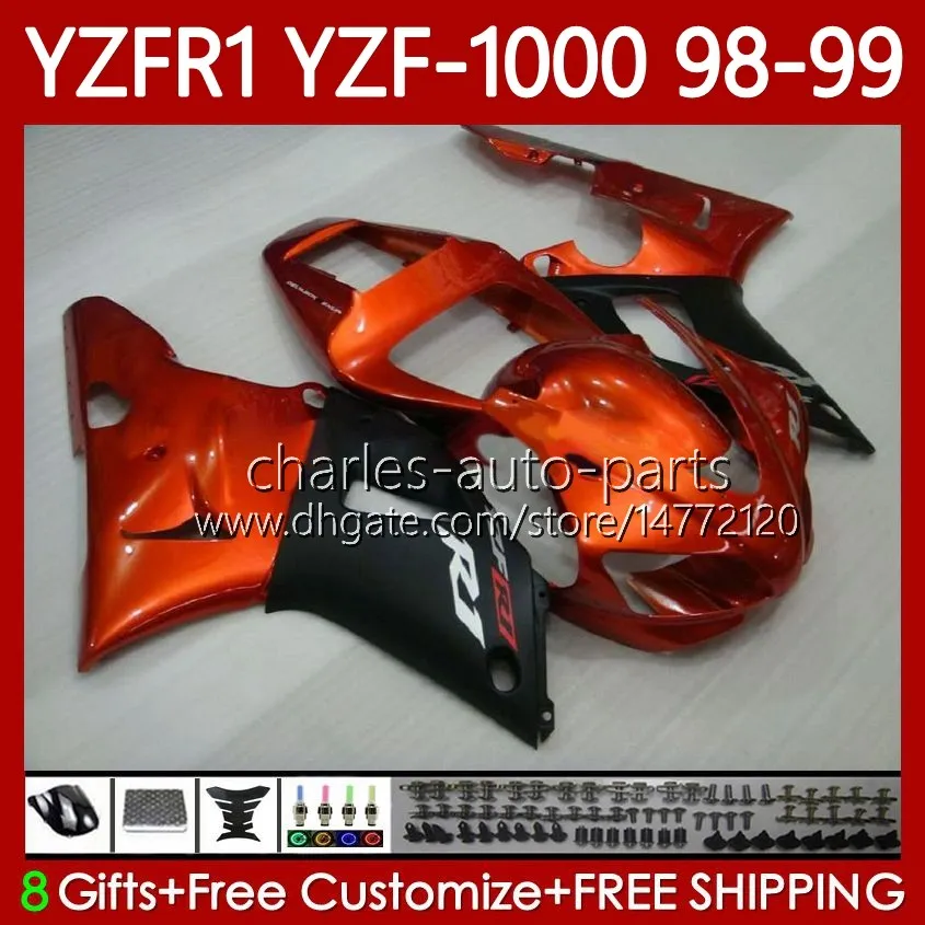 دراجة نارية الجسم ل Yamaha YZF R 1 1000 CC YZF-R1 YZF-1000 98-01 هيكل السيارة 82NO.6 YZF R1 YZFR1 98 99 00 01 1000CC YZF1000 1998 1999 2000 2001 OEM FALTINGS KIT برتقالي لامع