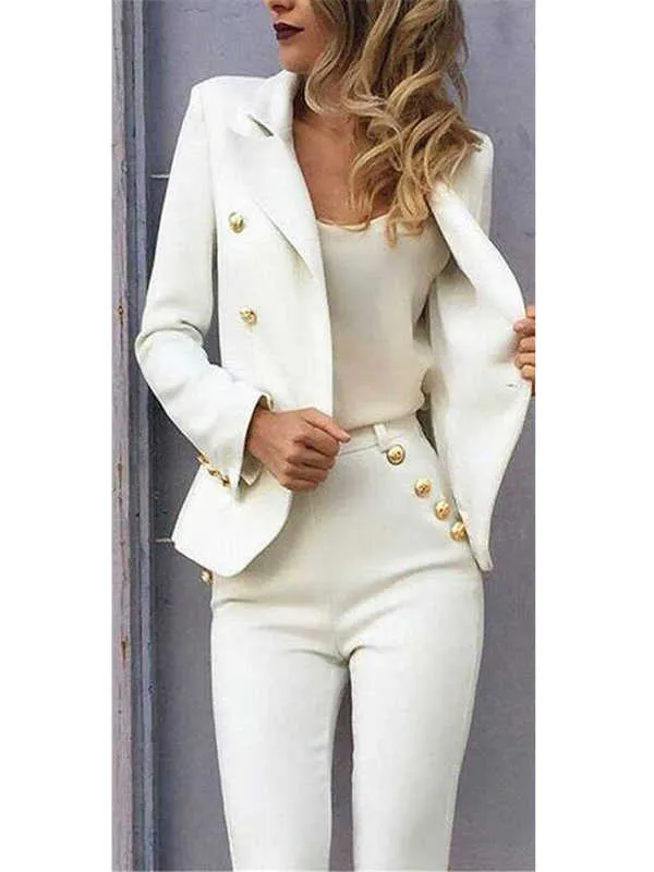 ホワイトスリムフィットパンツスーツジャケット+パンツ女性ビジネススーツブレザーフォーマルレディースオフィスユニフォームスタイル女性ズボンパンツスーツ210927