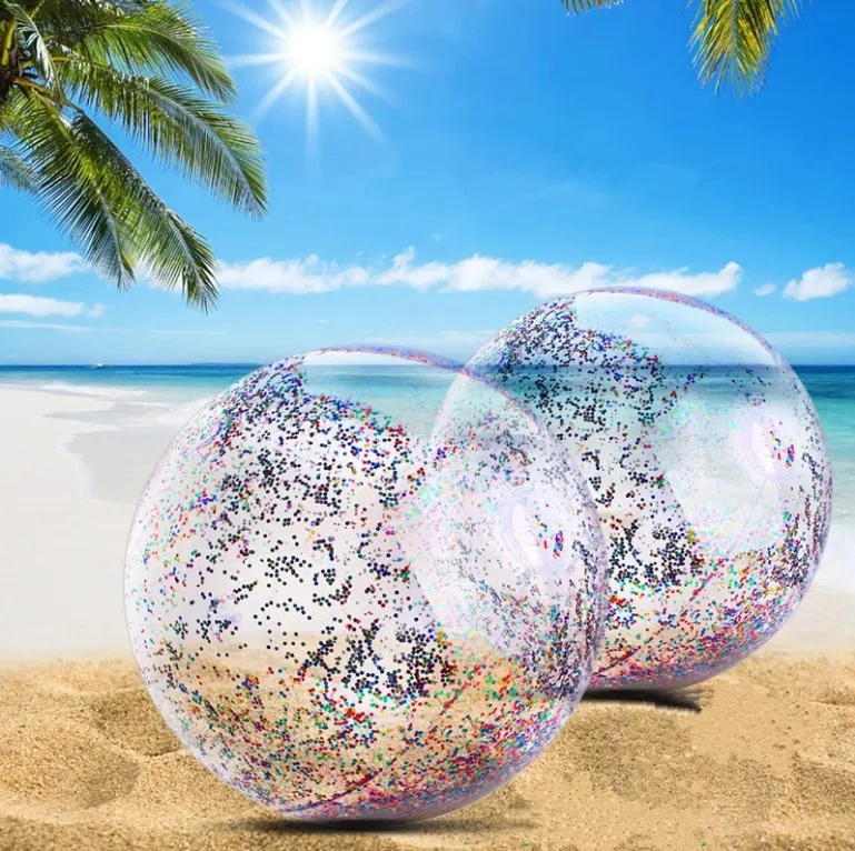Pelota de playa de lentejuelas de 24 pulgadas, globos de agua intermitentes de PVC transparente, Polo, juguete inflable, accesorios para fotos, piscinas, herramientas divertidas para jugar