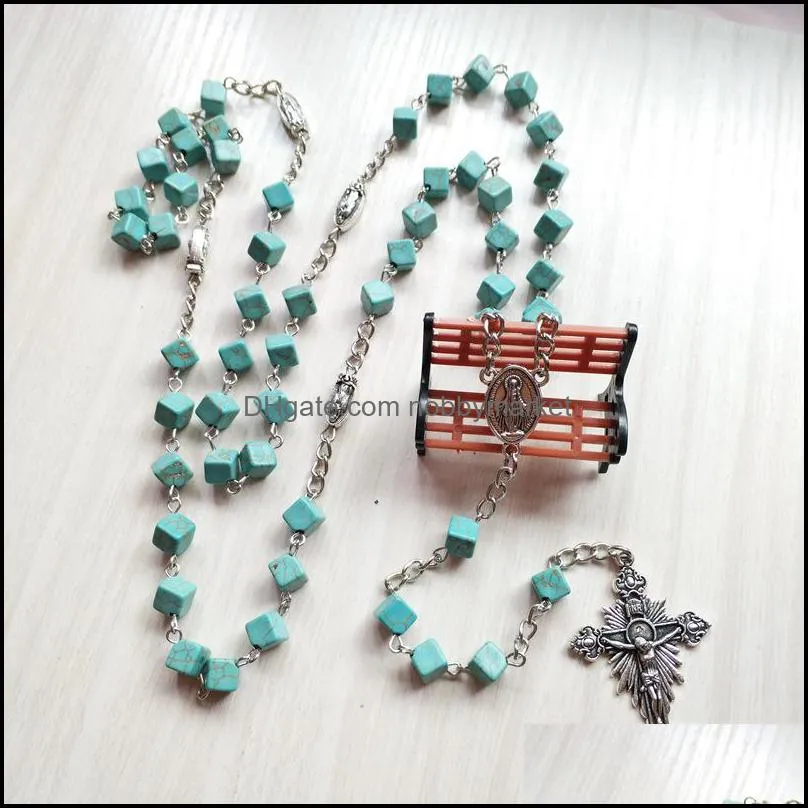 Long Square Beads Strand Necklace Metal Cross Pedant Rosary Necklace Religious Jewelry