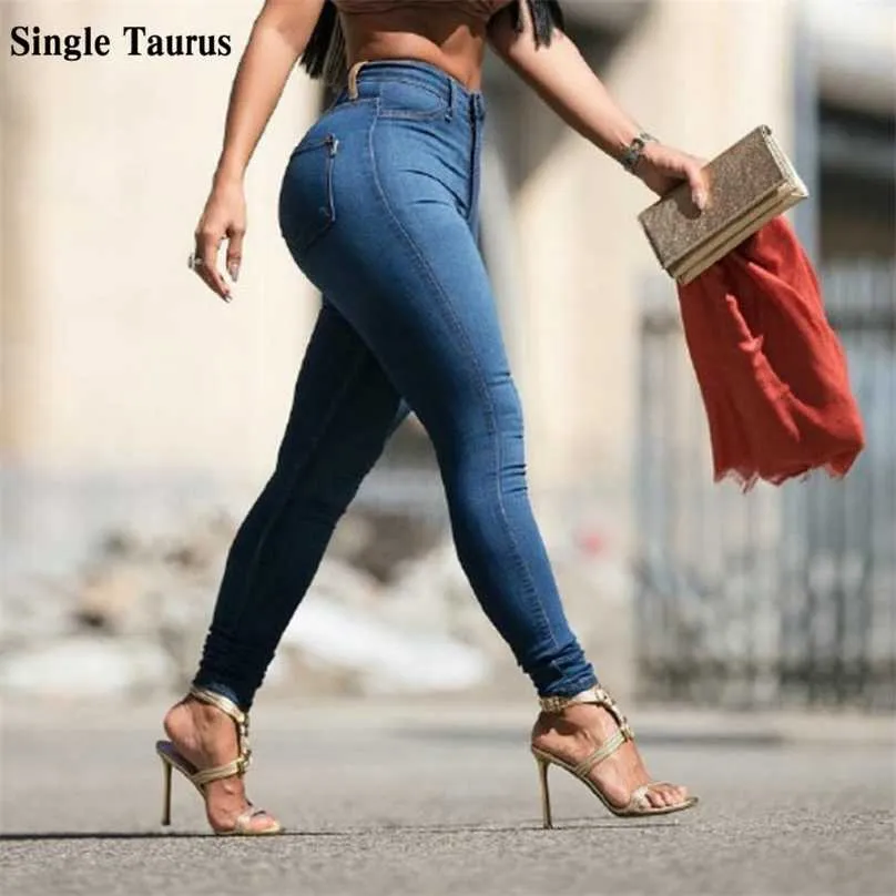 Vår smal elasticitet skinny jeans kvinnor europa hög midja push up penna byxor mujer casual djupblå vintage plaid denim 211112