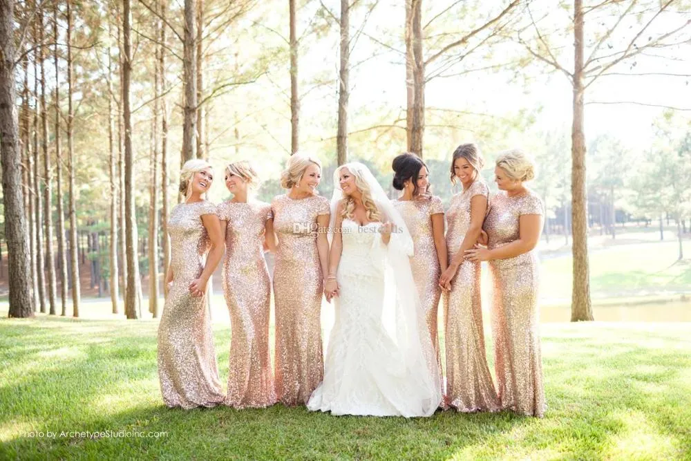 Gold Sequins Long Mermaid Bridesmaid Dresses Elegant Cap Sleeve Wedding Party Guest Gown O Neck Vestido Madrinha Maid of Honor Cps344