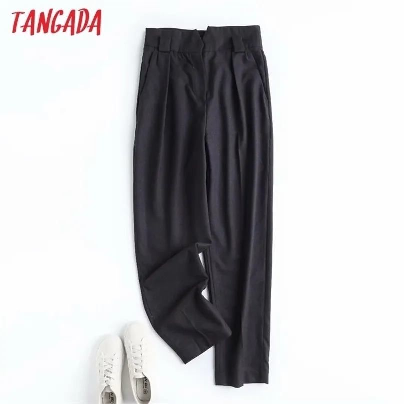 Tangada Fashion Women High Quality Thick Dark Gray Waist Suit Pants Trousers Buttons Office Lady Pantalon 4C15 211115