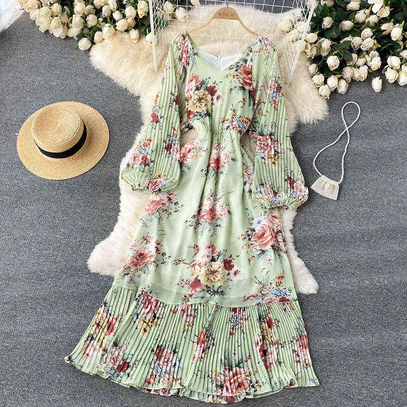 Beiyingni Femmes Longue Robe Maxi Imprimé Floral Mode Style Doux Vintage Robes À Col En V Dames Plissée En Mousseline De Soie Robes Robe Y1204