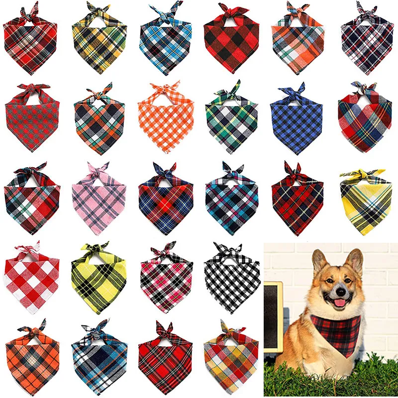 Dog Bandanas Birthday Gift Washable Green Blue Red Square Plaid Printing Bib Double Reversible Kerchief Scarf Adjustable Accessories for Small Medium Puppy Cat