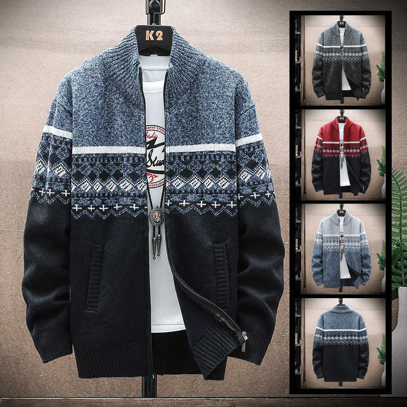 2021 Autumn Korean O-Neck Men's Thick Sweaters with Velvet Men's Cardigan Knitted Sweatercoats Patchwork Jacket Male M-3XL 6637 Y0907