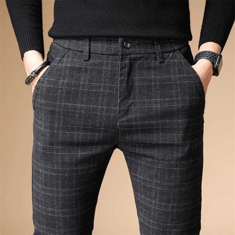 Calças xadrez homens vestido de negócios verão magro calça magro calças masculino apuramento ocasional estiramento vintage preto calças de trabalho 211201