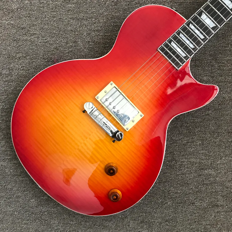 Rosewood fingerboard electric guitar, Chrome hardware, Cherry burst color, Flame maple top, One pickup, Solid mahogany body guitar