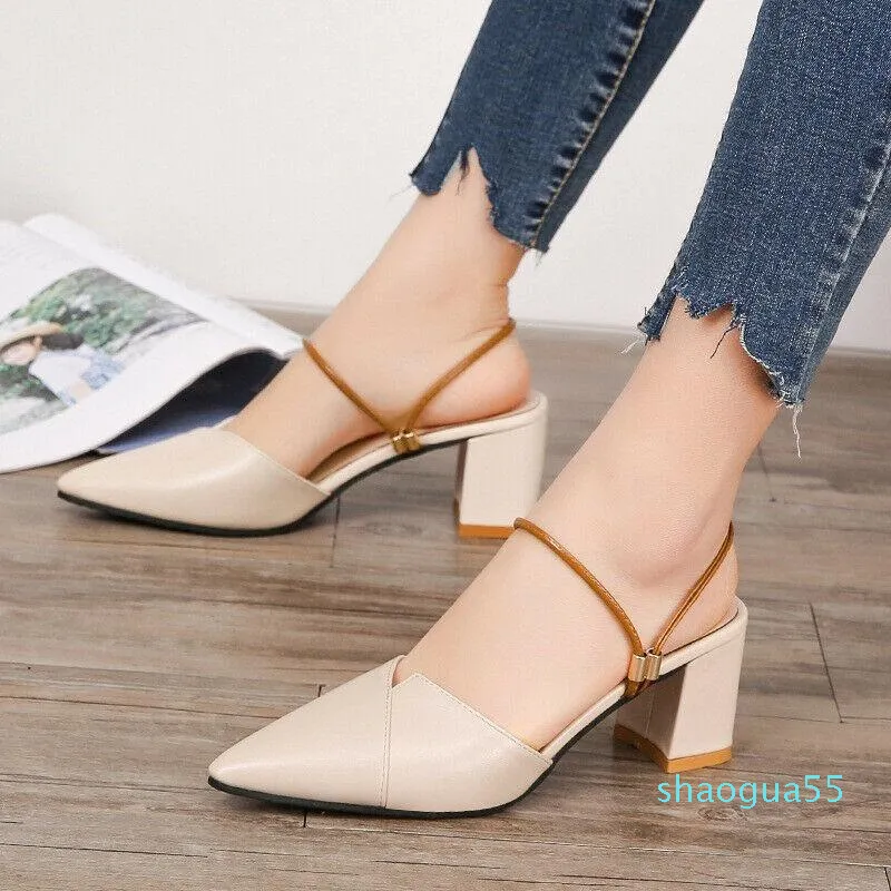 Dress Shoes Spring Summer Fashion Ladies Elegant Squre Heel Pumps Pointed Toes Flip Flops Women's Two-ways Wearing All Matching 6447