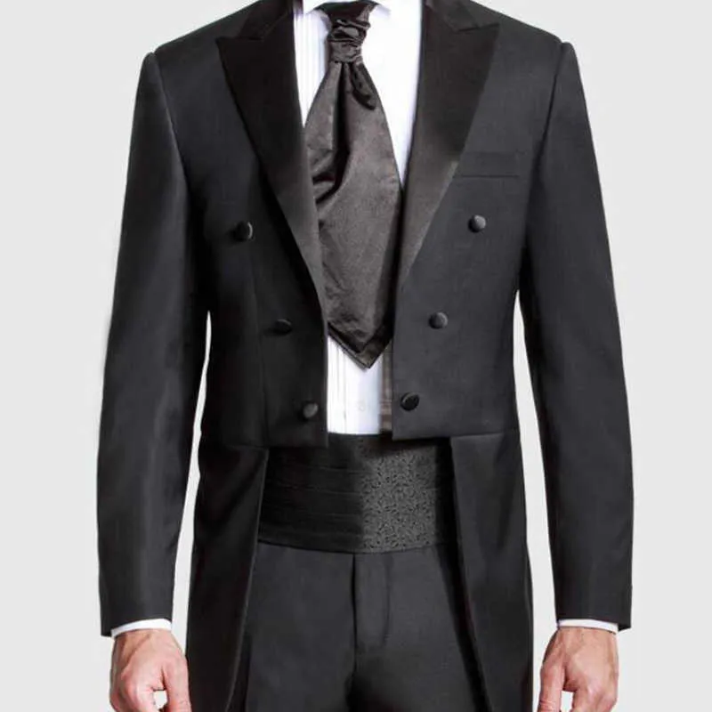 Dubbelbröst svart män svansrock med toppad lapel 2 bit bröllop tuxedo för brudgummen anpassade manliga mode kostym byxor x0909