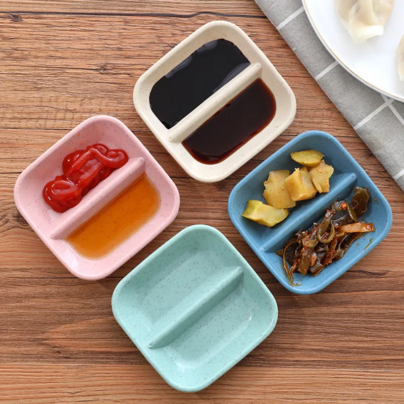 Wheat Straw 2 Grids Salad Dishes Spices Dish Seasoning Jam Plate ECO-Friendly Solid Color Snack Plates Household Hotel Kitchen Restaurant Tableware JY1045