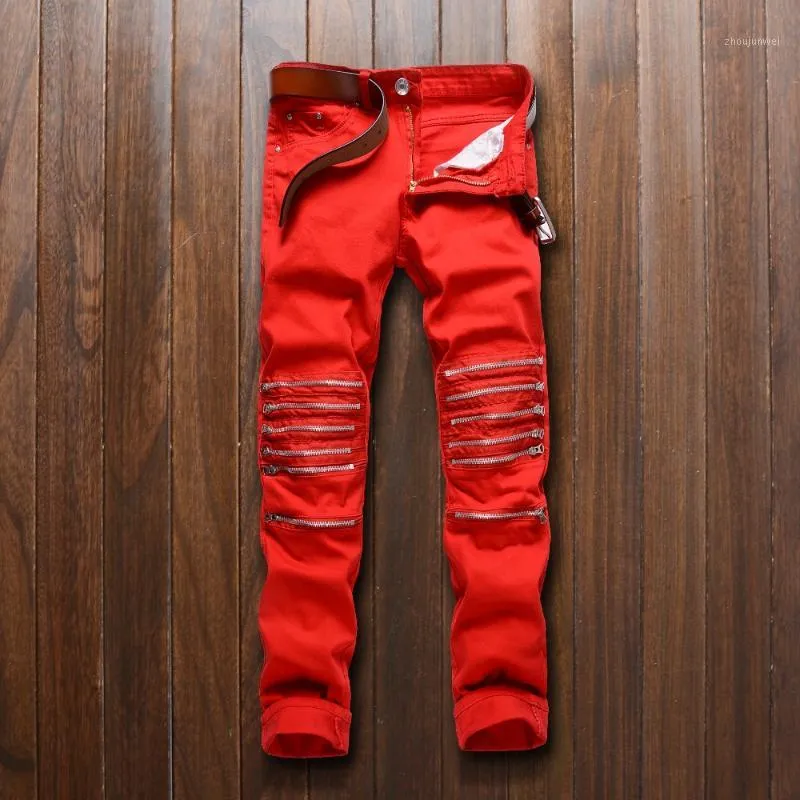 Partihandel-2021 Gratis Herr Knä Zipper Jeans Red Destroyed Elastic Hole Skinny Denim Pants Fashion Street Trouser