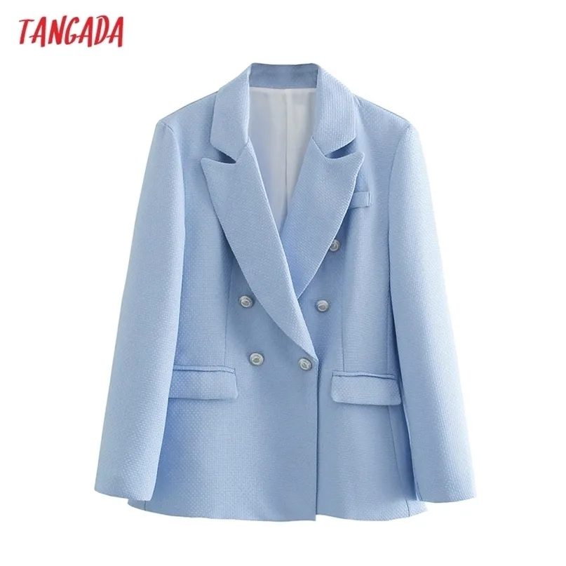 Tangada Frauen Mode Blau Tweed Blazer Mantel Vintage Langarm Büro Dame Oberbekleidung Chic Tops QD83 211122