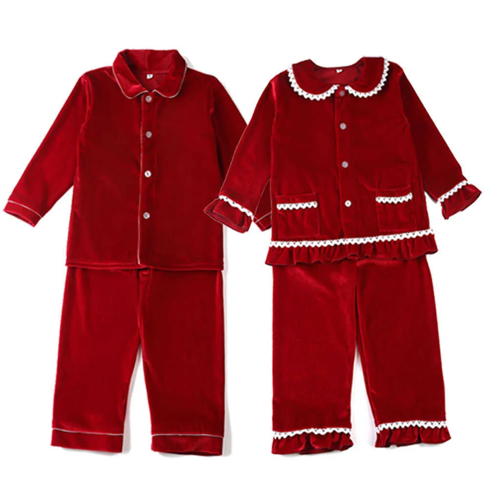 Kış Butik Kadife Kumaş Kırmızı Çocuk Giysileri PJS ile Dantel Yürüyor Boys Set Pijama Kız Bebek Pijama 210908