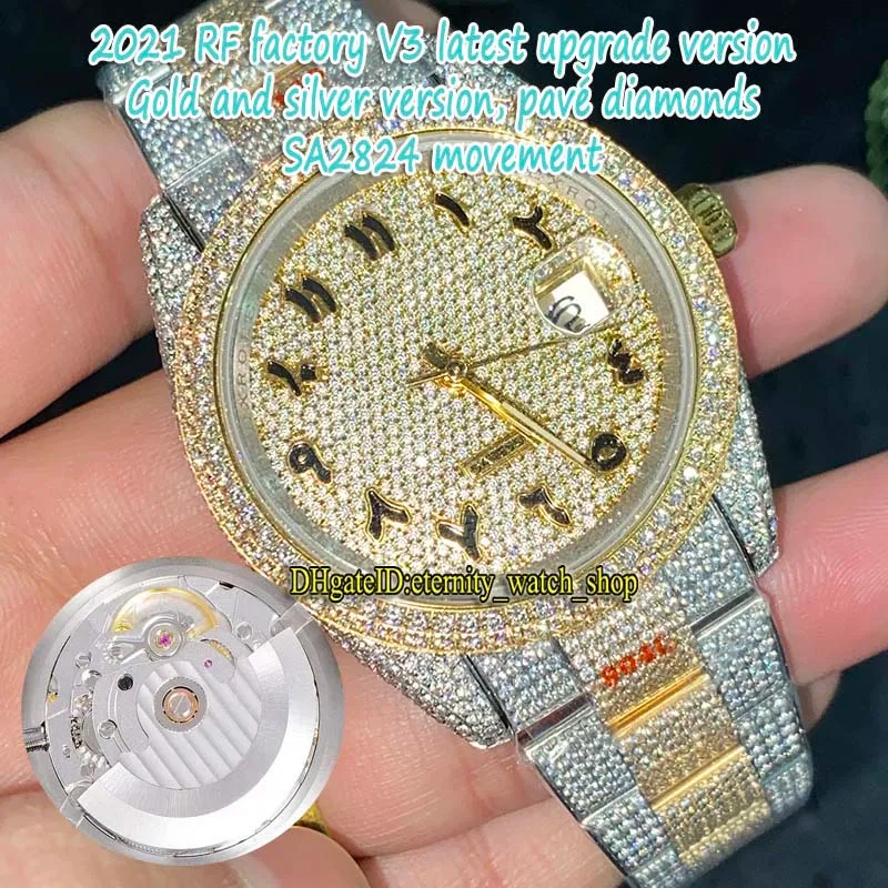 Версия обновления V3 126331 126334 116333 Мужские часы A2824 ETA 2824 Автоматический циферблат с арабскими бриллиантами Двухцветная сталь 904L Iced Out Full Diamond Eternity Ювелирные часы