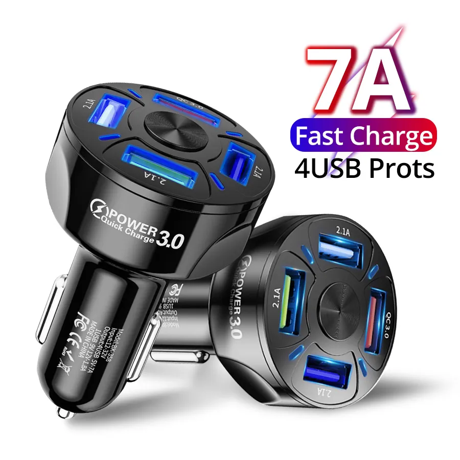 7A 4 Ports Multi USB Car Charger 48W Rapide Mini Charge Rapide QC3.0 Pour iPhone 12 Xiaomi Huawei Adaptateur de Téléphone Portable Appareils Android