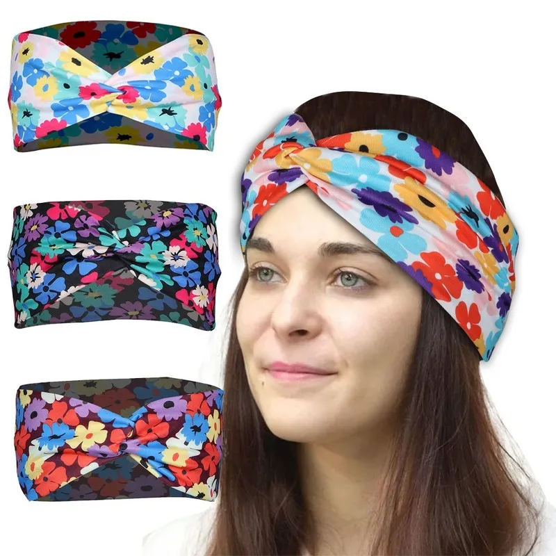 Bandas de cabelo de impressão floral nó Cross Hair Hair Band Yoga Sport Sweat Stretch Sports Wrap Bands for Women