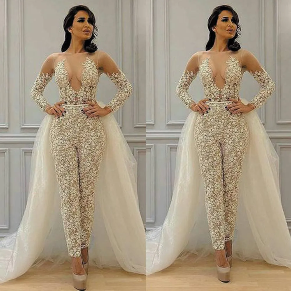 Sexy Illusion Bohemian Lace Wedding Dresses Women Jumspuit Bridal Gowns With Detachable Overskirt Long Sleeves Boho Beach Bride Dress Trains 2022 robe de mariée