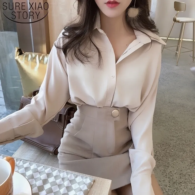 Tops e blusas de vestuário coreano e blusas Ol Style blusa solta mulheres camisas polo colarinho 2021 manga longa casual feminino 8435 50 210315