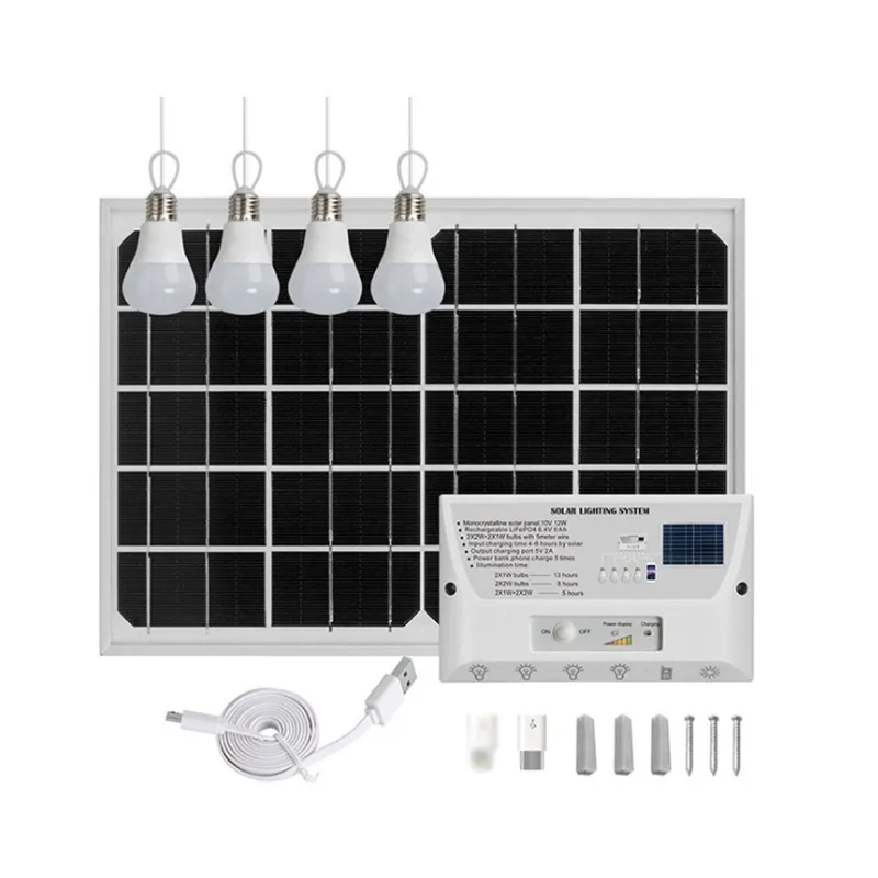 Lâmpadas de lâmpadas solares Carregador USB Painel de sistema doméstico Kit gerador com 4 lâmpadas Banco de energia de 6000 mAh para iluminação interna e externa