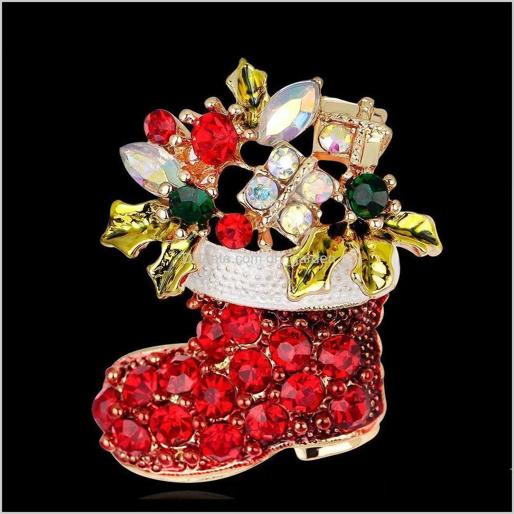 Pins, SmyckenFashion Crystal Pins Xmas Presentdekoration Smycken Broscher Snowman Socks Rhinestone Brosch Red Color Christmas Boots Drop Deli