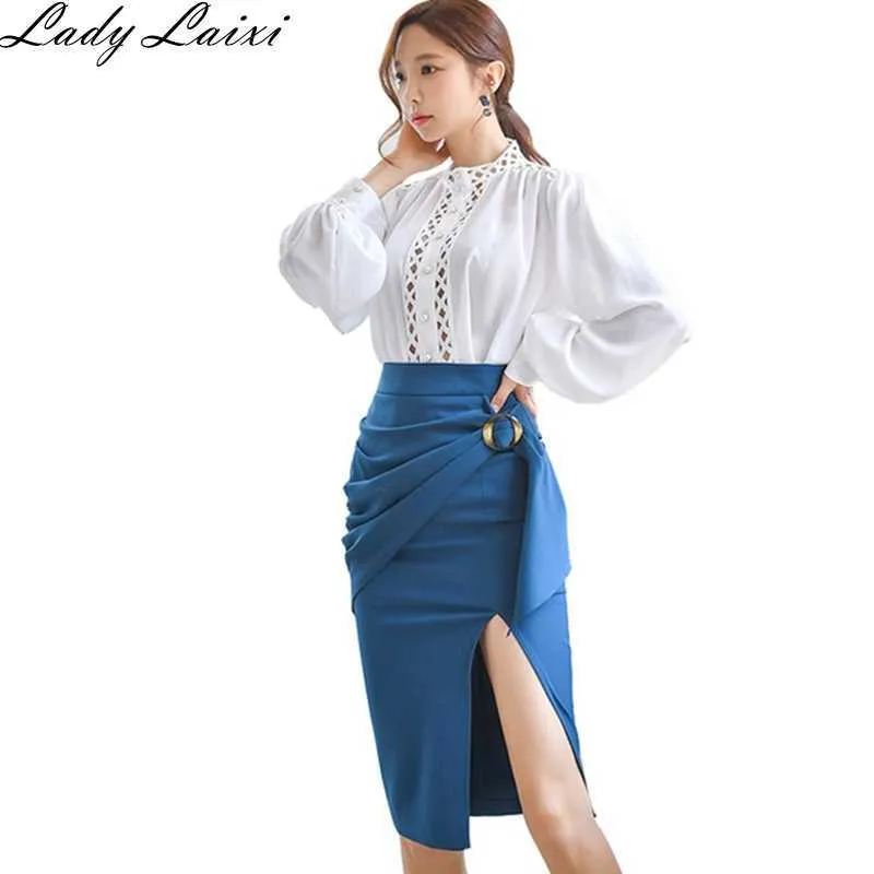 Autumn OL Work wear Women's 2piece Suit Korean White Hollow out Lantern Sleeve Shirt Blouse and Split Sheath pencil Skirt 210529