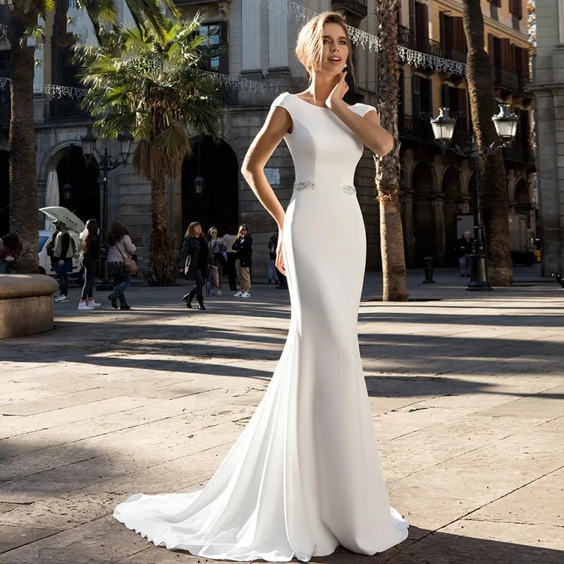 Abito da sposa lungo a sirena 2024 Vestido de Novia Abiti da sposa senza schienale con maniche ad aletta in raso con perline