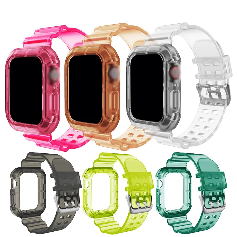 Transparent väska och rem för Apple Watch Bands 44mm 42mm 40mm 38mm Sport Armbandsarmband Iwatch Serie SE 6 5 4 3 Klockband Anti Fall Shocksäker