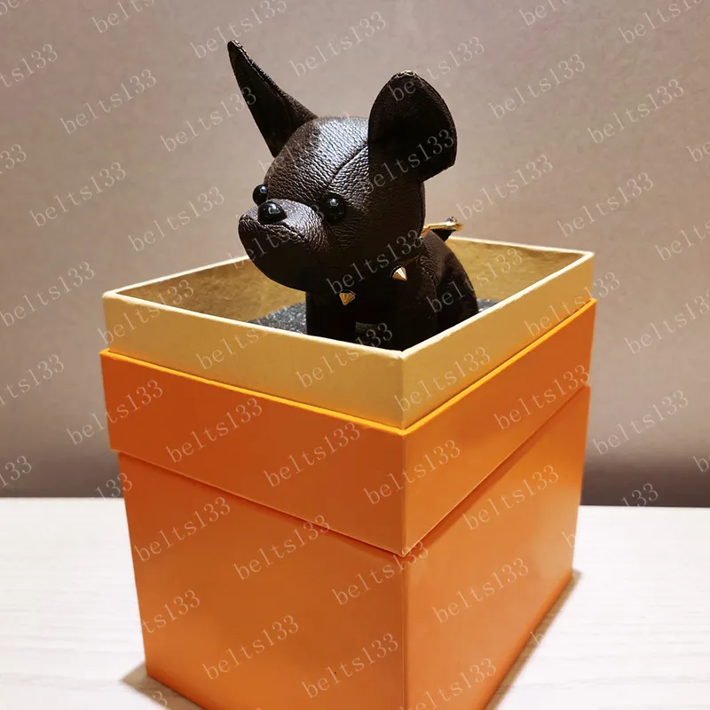 2022 Anahtarlık Bulldog Anahtarlık kahverengi çiçek deri erkek kadın çanta Çanta Bagaj Aksesuarları Aşıklar Araba Kolye kutusu 12x13x5cm #DOG-05 ile 7 Renk