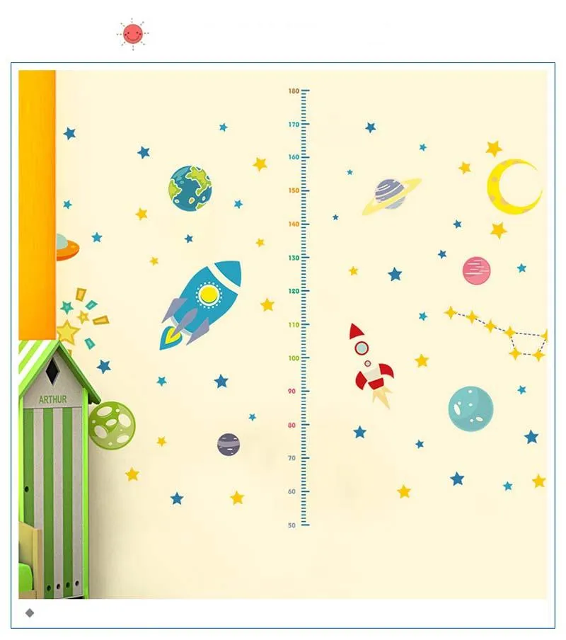 Wall Stickers Children`s Room Outer Space Rocket Height Sticker Creative Stickers Cartoon Anime Mural Growth Chart Gifts